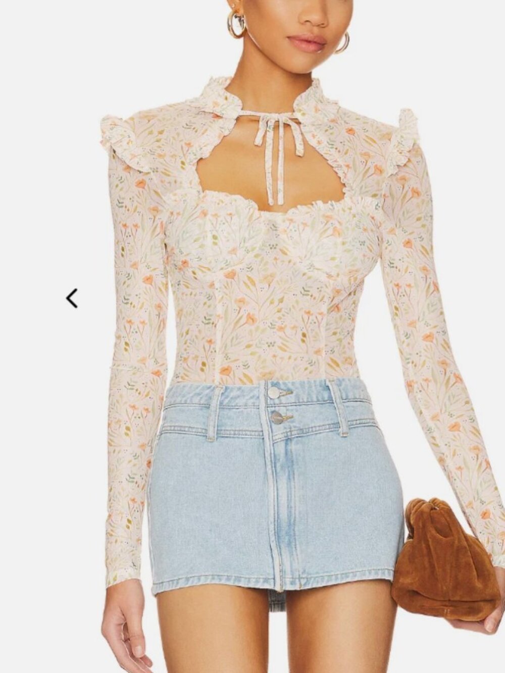 More to Come Xoey Long Sleeve Cream Floral Ruffle Tie-Neck Corset Style Blouse